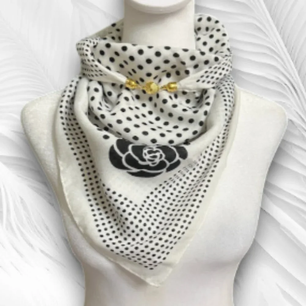 Elegant Women's White Scarf with Black Polka Dots and Floral Print - Picture 4 of 7